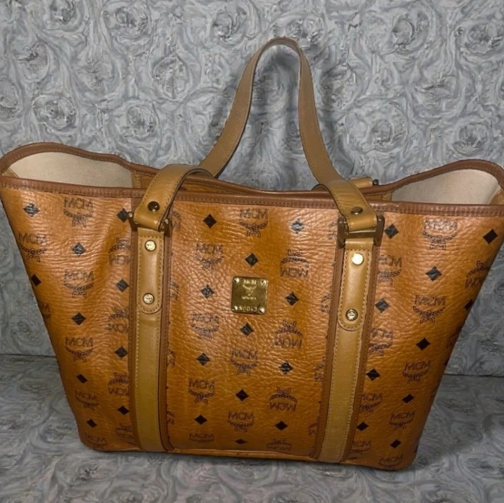 MCM Visetos Brown cognac Logo Tote Bag signature coated canvas with leather trim - Picture 2 of 12